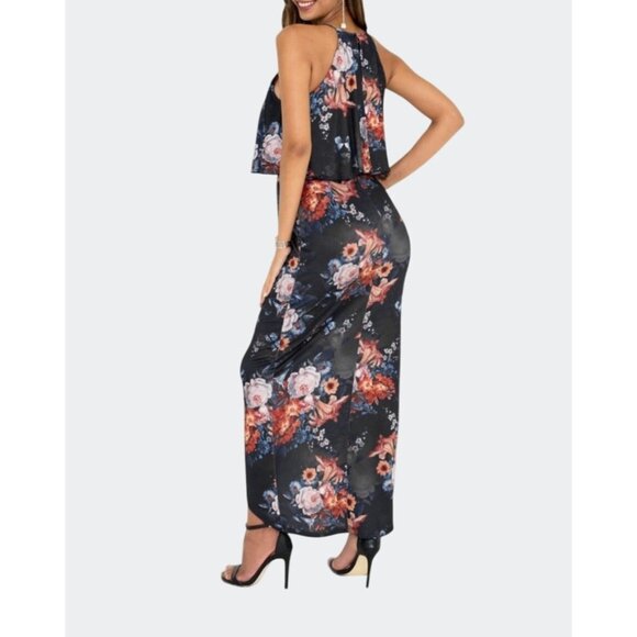 Koh Koh Womens Floral High Neck Maxi Dress Sleeveless Dark Blue Multi-Color 2XL - Picture 2 of 16